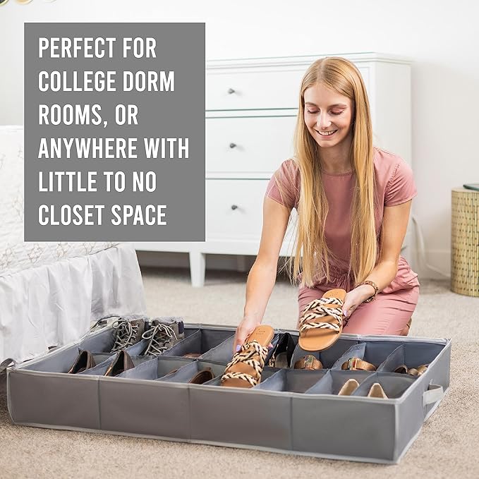 Under Bed Shoe Storage Organizer - TEAR-RESISTANT Heavy Duty 600D Material - Fits All Styles Men's and Women's Shoes, Up to 16 Pairs - Extra-Strong Zipper - Grey - Perfect for College Dorms