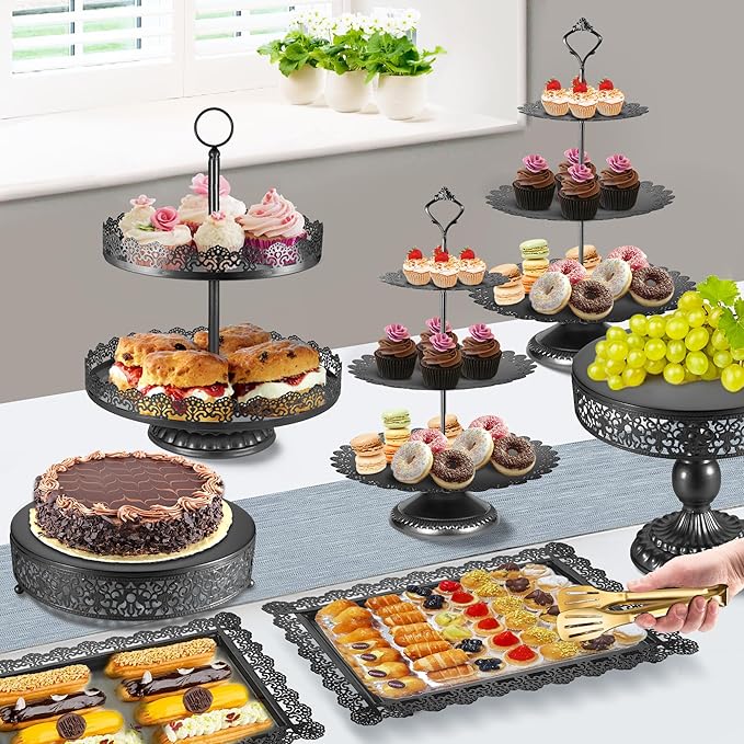 Black Cake Stand, Dessert Table Display Sets Metal Tiered Cupcake Holder Food Fruit Candy Plate Serving Tower Tray Platter With Tong, Cake Knife and Server Set For Wedding Birthday Party Decor 11PCS