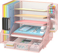 DALTACK Mesh Desk Organizer, 5-Tier Paper Letter Tray with File Holder & Pen Holder & Sliding Drawer, Desktop Organizer and Storage for Desk Accessories Office Supplies, Pink