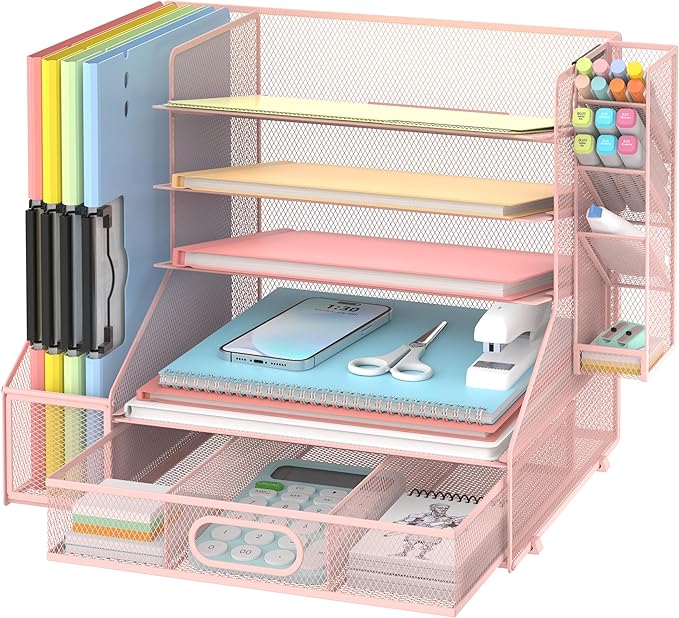 DALTACK Mesh Desk Organizer, 5-Tier Paper Letter Tray with File Holder & Pen Holder & Sliding Drawer, Desktop Organizer and Storage for Desk Accessories Office Supplies, Pink