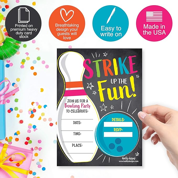 Hadley Designs Kids Birthday Invitations For Boys and Girls Bowling Theme - 25 Neon Birthday Party Invitations For Boys, Bowling Invites For Girls, Cute Party Supplies, Made In USA