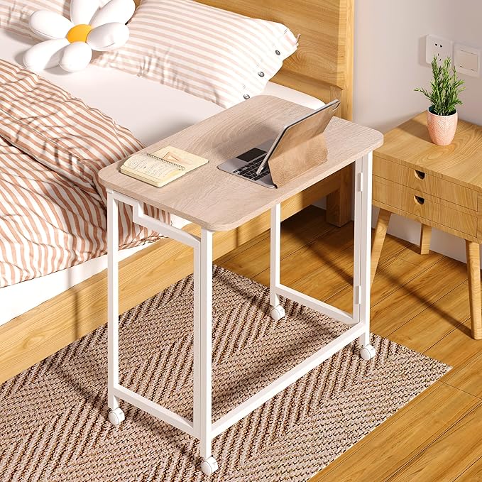 4NM 23.6" Mobile Small Rolling Computer Desk, Folding Laptop Cart Table with Wheels, Portable Office Desk for Small Space Couch Bed - Natural and White