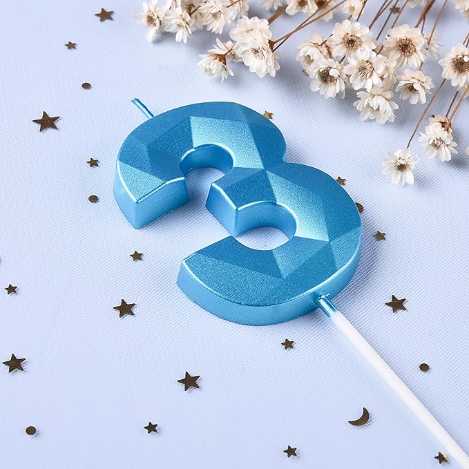 PHD CAKE 2.76 Inch Crystal Blue 3 Number Birthday Candles, Blue Number Candles, Cake Number Candles, Party Celebration