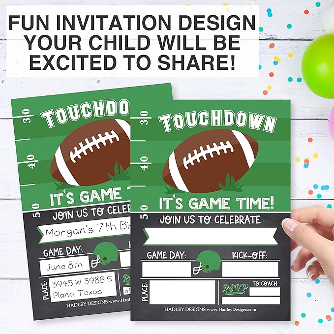 Hadley Designs Kids Birthday Invitations For Boys Football Theme - 25 Football Birthday Party Invitations For Boys, Touchdown Invites For Boy, Cute Party Supplies, Made In USA