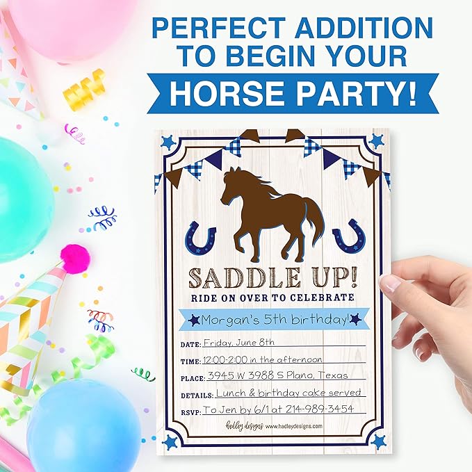 Hadley Designs Kids Birthday Invitations For Boys Horse Theme - 25 Horse Birthday Party Invitations For Boys, Saddle Up Invites For Boy, Cute Pony Party Supplies, Made In USA