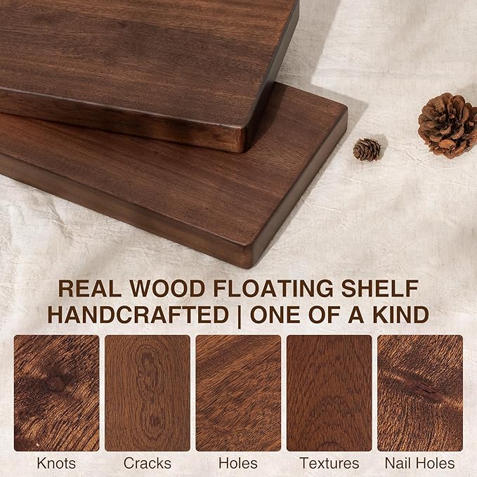 18 Inch Floating Shelves, Solid Wood Wall Shelves, 8 Inch Deep Floating Shelf – for Bathroom, Bedroom, Living Room, Kitchen, Home Decor & Storage, Heavy-Duty Wooden Shelf Wall-Mounted, Set of 2