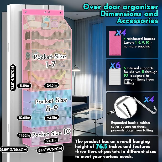 PAULONE Over the Door Organizer Heavy Duty – 96 Lbs Capacity 20 Pair Shoe Rack with Multi-Size Pockets Fits Tall Boots up to 11.8", Breathable Mesh, Metal Hooks – Also for Bags, Toys, Toiletries