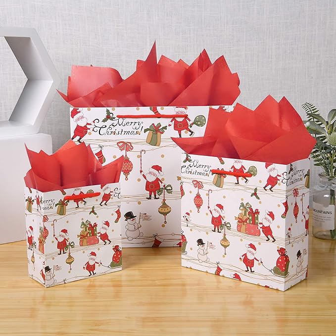 SHIPKEY 12 Pack Christmas Gift Bags, Santa Claus Holiday Paper Bags in 3 Assorted Sizes with Tissue Paper, Reusable Xmas Treat Bags for Gifts, Parties, and Holiday Wrapping
