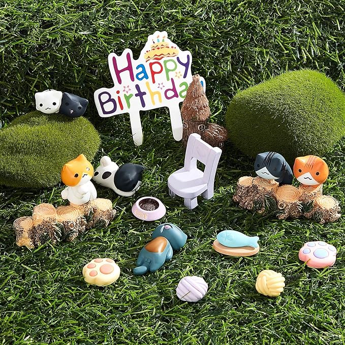 26 Pcs Cat Cake Topper Cute Figurines Happy Birthday Paw Cake Toppers Party Decoration Mini Set for Birthday Party Garden Home Shower Supplies(Vivid Cat)