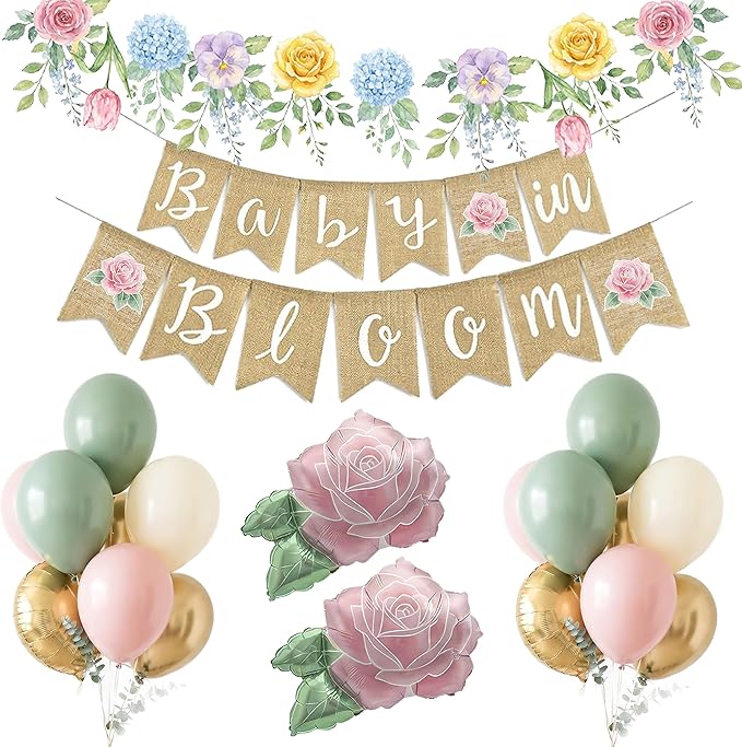 Baby in Bloom Balloon Kit - Dusty Sage Green & Pastel Pink Floral Decorations - Floral Foil Balloons & Banner Set for Girls Boho Baby Shower Spring Garden Birthday Tea Party Supplies