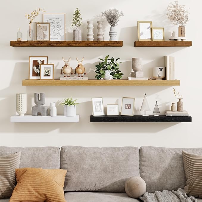 Fun Memories Floating Shelves for Room Wall, 36 Inch Long Shelf Set of 2， Hanging Wood Shelves for Storage & Display, White