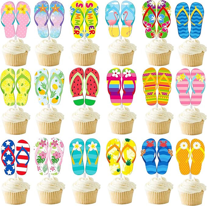 36pcs Beach Flip Flops Cupcake Toppers Summer Beach Party Cupcake Toppers Decorations Pool Decorations Supplies for Summer Birthday Tropical Luau Hawaiian Party Supplies