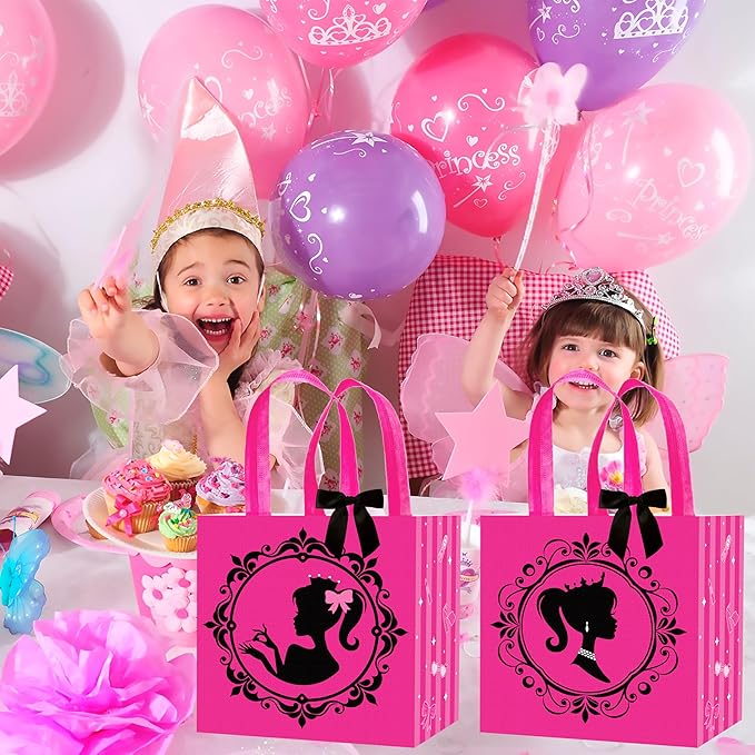 C L cooper life 12pcs Hot Pink Girl Party Gift Treat Bags with Handles Pink Girl Grocery Shopping Bag Princess Theme Non-Woven Bags for Girls Birthday Party Ladies Bachelorette Party Supplies