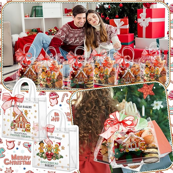 Motipuns 24 Pcs Clear PVC Gift Bags with Handles and Ribbon Party Favor Reusable Plastic Goodie Candy Treat Bags for Birthday Party Supplies(Gingerbread)
