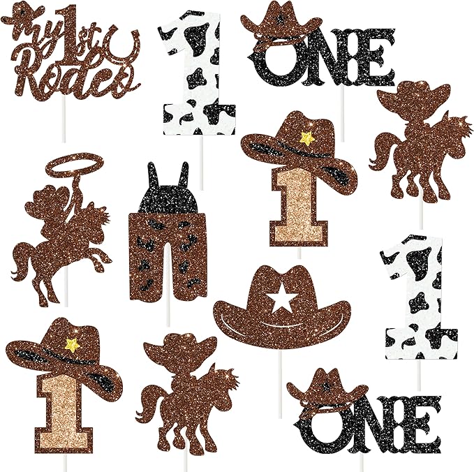 24Pcs Cowboy 1st Birthday Party Cupcake Toppers Western First Birthday Party Decorations Glitter My 1st Rodeo Party Cake Picks for Wild West Cowboy Theme Party Supplies