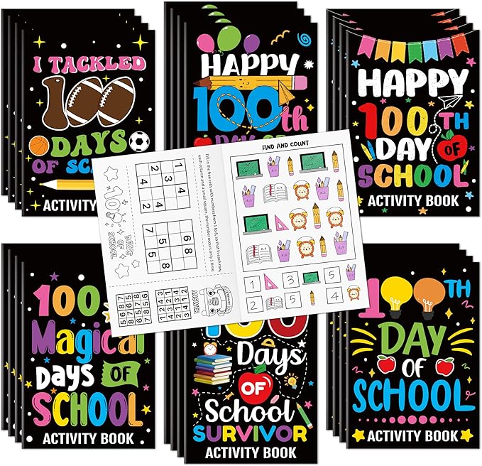 Black 100th Day of School Activity Books for Kids - 24Pcs Happy 100 Days Black Mini Games Coloring Book Set Bulk Mazes Word Search Word Scramble Games for School Classroom Reward DIY Gift Party Favors