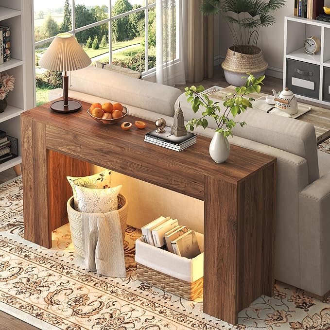 knoworld 63-Inch Long Console Table with LED Light, Farmhouse Sofa Table Behind Couch, Wooden Console Table for Entryway Hallway Entrance Living Room, Brown